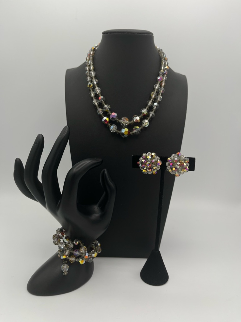 Mint 1950s Smokey Grey Aurora Borealis Crystal Full Parure Set